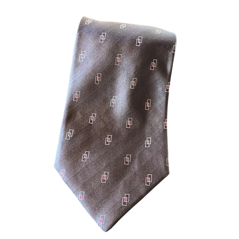 Emporio Armani Mens Silk Neck Tie Dark Brown Geometric Pattern Made in‎ Italy